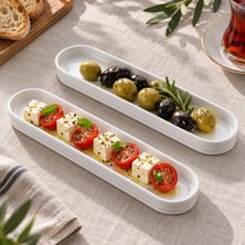 Prime Life Porselen Oval Tabak 2’li Set, 26,2 × 7 × 1,9 Cm, Beyaz Ince Uzun Zeytinlik, Kahvaltılık Peynir Meze ve Atıştırmalık Sunum Servis Tabağı, 2 Adet