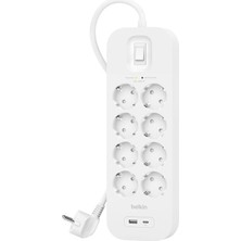 Prime Life 8'li Çoklu Priz, Yüksek Gerilim Korumalı, Duvara Montaj, 8 Priz, 2 M Güç Kablosu, Yeşil Işıklı Gösterge, Hızlı Şarj Için USB C Pd’li Usb-C ve Usb-A Bağlantısı; 900 Jul Koruma