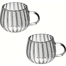 Prime Life 2 Adet Ateşe Dayanıklı 400 ml Çizgili Borosilikat Cam Kupa Bardak MIT1100