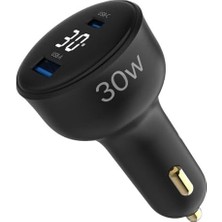 Prime 30W LED Ekranlı Type-C + Usb-A Araç Şarj Aleti & & Tablet Araç Içi Şarj Cihazı