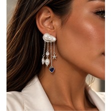 Poseidons Jewellery Gümüş Barok Inci Küpe – Zincirli Kalp ve Yıldız Detaylı