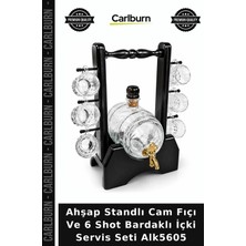 Carlburn Özel Üretim Bar Aksesuarı Sunum Ahşap Standlı Cam Fıçı ve 6 Shot Bardaklı Içki Servis Seti ALK5605
