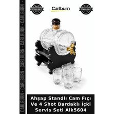 Carlburn Özel Üretim Bar Aksesuarı Hediye Ahşap Standlı Cam Fıçı ve 4 Shot Bardaklı Içki Servis Seti ALK5604