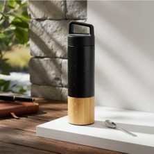 600 ml Bambu Tabanlı Kulplu Çelik Termos Mug - 5 Renk Seçenekli /soğuk Tutucu Seyahat Bardağı (Siyah)