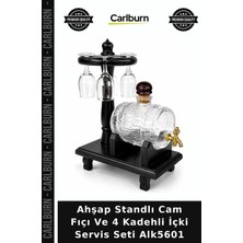 Carlburn Özel Üretim Bar Aksesuarı Sunum Hediye Ahşap Standlı Cam Fıçı ve 4 Kadehli Içki Servis Seti ALK5601