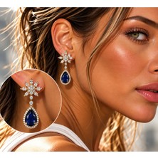 Poseidons Jewellery Tasarım Zarif Lacivert Taşlı Kristal Çiçek Gold Sallantılı Küpe