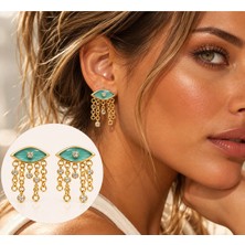 Poseidons Jewellery Gold Turkuaz Göz Figürlü Sallantılı Küpe – Zincir ve Taş Detaylı Şık Tasarım