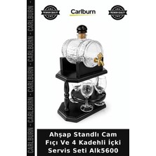 Carlburn Özel Üretim Bar Aksesuarı Sunum Ahşap Standlı Cam Fıçı ve 4 Kadehli Içki Servis Seti ALK5600