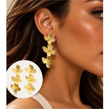 Hector&Co. Jewellery Kadın Gold Çiçekli Uzun Küpe – 3’lü Çiçek Motifli Sallantılı Şık Küpe