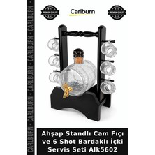 Carlburn Özel Üretim Bar Aksesuarı Ahşap Standlı Cam Fıçı ve 6 Shot Bardaklı Içki Servis Seti ALK5602