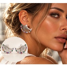 Poseidons Jewellery Gümüş Inci ve Renkli Taş Detaylı Yelpaze Küpe – Şık ve Gösterişli Tasarım