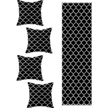 Pelangi Siyah Damla Salon Mutfak Masa Değişik Ranır Modelleri Dekoratif 4'lü Kırlent Kılıfı ve Runner Seti, Beyaz-Siyah 40 x 140