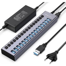 Teknobiyotik HS716-16 Port 10 Gbps USB 3.1, On/off Port Özellikli, Alüminyum Kasa, 96W Güç Adaptörlü, LED Işıklı, USB Çoklayıcı Hub (AC-HS716)