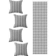 Pelangi Gri Kaz Ayağı Salon Mutfak Masa Değişik Ranır Modelleri Dekoratif 4'lü Kırlent Kılıfı ve Runner Seti, Gri-Beyaz 40 x 140