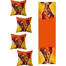 Pelangi Afrika Kadın Salon Mutfak Masa Değişik Ranır Modelleri Dekoratif 4'lü Kırlent Kılıfı ve Runner Seti, Turuncu 40 x 140