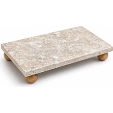 Ms Traverten Mermer Sunumluk Ahşap Ayaklı Doğal Taş Sunum Tabağı Yağdanlık Altlığı Kahvaltılık Standı Dekoratif Tezgah Üstü Sunum Platformu 24X12 cm