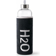 Ms Peluş Kılıflı Cam Matara 1000 Ml, Siyah H2O Nakışlı Kılıf, Taşıma Askılı Metal Görünümlü Vidalı Kapak, 8 × 25 cm