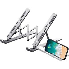 MSP Katlanabilir Alüminyum Laptop Standı – 13 Kademeli Yükseklik Ayarlı, Telefon Tutuculu, Taşınabilir, Ergonomik, Isı Dağıtıcı, Kaymaz Silikon Destekli Notebook Sehpası