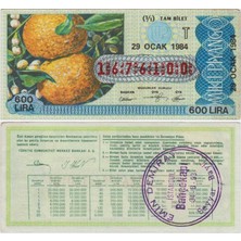 Banknoting Milli Piyango 29 Ocak 1984 Tam Bilet. Portakal Temalı. 600 Lira T Serisi.