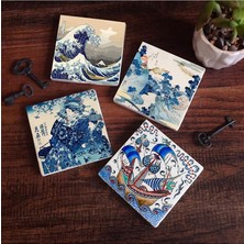 MSP Sanatı, Fuji Dağı, Büyük Dalga, Çini Sanatı Yelkenli Gemi Taş Bardak Altlığı Seti - 4 Parça - Dekoratif, Rustik, 10X10 Cm, Kaydırmaz Tabanlı, Şık ve Dayanıklı SC445