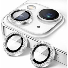 MSP Iphone 13/13 Mini Ile Uyumlu Yüksek Kalite Parlak Elmas Desenli Taşlı Gümüş Özel Tasarım Kamera Lens Koruyucu Idb-91