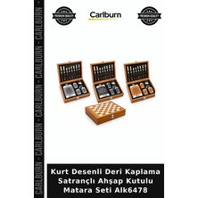 Carlburn Özel Üretim Erkek Hediye Kurt Desenli Deri Kaplama Satrançlı Ahşap Kutulu Matara Seti ALK6478
