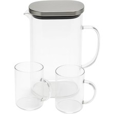 MSP Borosilikat 1800 ml Cam Sürahi ve 2'li Bardak Seti Paslanmaz Çelik Kapaklı