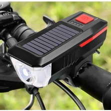 Biishe® Solar Enerjili USB ile Şarj Edilebilir Ledli Bisiklet Feneri Kornalı ve Su Geçirmez Far