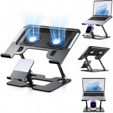 MSP Karbon Çelik 3 In 1 Notebook, Tablet ve Telefon Standı, 12.9-17 Inç Laptop ve Tablet Için 2 Fanlı Soğutuculu Ergonomik Yükseltici, 4.7-12.9 Inç Telefon Tutucu, L07