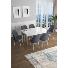 MSP Han Serisi 70X114 cm Açılabilir Mdf Mutfak Masa Takımı, Beyaz Masa, 6 Füme Sandalye