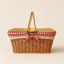 MSP Piknik Sepeti, Kırmızı Ekoseli ve Dantelli Kapaklı Taşıma Sepeti, 39X27X18 cm Ahşap Görünümlü Piknik Çantası, Kahvaltı, Kamp, Bahçe ve Outdoor Kullanım Için