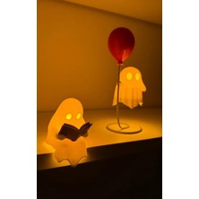 MSP Dekoratif Sevimli Hayaletler LED Biblo Seti, 10X11 Cm, Beyaz, 2'li Dekoratif Masa Lambası, Kitap Okuyan ve Balonlu Model