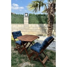 MSP Premium Katlanır Ahşap Bistro Seti, 3'lü, Masif Ahşap, Minderli, Balkon ve Bahçe Için, Ceviz/lacivert, Masa ve Sandalye
