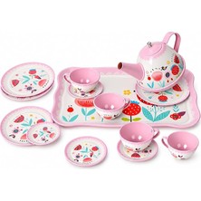 MSP 15 Parça Çiçek Desenli Metal Çay Seti, Çocuklar Için Tepsili Evcilik ve Çay Saati Oyun Seti 3+ Yaş ATF-998A-998B (Pembe)