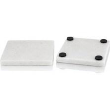 MSP 2'li Doğal Beyaz Mermer Bardak Altlığı – 10X10 cm Kaymaz Kauçuk Ayaklı Lüks Masa Altlığı