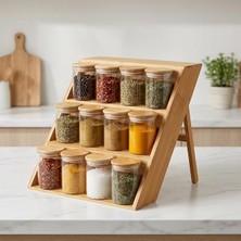 MSP Bambu Standlı 12’li Baharatlık Seti, 200 ml Borosilikat Cam Kavanoz, Bambu Vakum Kapaklı, Tezgâh Üstü ve Çekmece Içi Düzenleyici