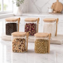 ml Kaşıklı Cam Kavanoz 5’li Set, Bambu Kapaklı Şeffaf Cam Saklama Kabı, Çay Kahve Şeker Baharat Kuruyemiş Kavanozu, Mutfak Düzenleyici Kaşıklı Baharatlık Seti