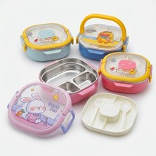 700 ml Paslanmaz Çelik Yemek Kabı, 3 Bölmeli Kilitli Lunch Box, Çatal Kaşık Dahil Renkli Desenli Saklama ve Taşıma Kabı