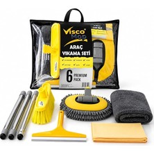 Viscomop Araç Yıkama Seti - Oto Temizlik Kiti - 6'lı Premium Araba Bakım Paketi - Mop Fırça Cam Çek Kurulama Bezi Cam Bezi 3 Parçalı Sap - Iç Dış Detaylı Temizlik
