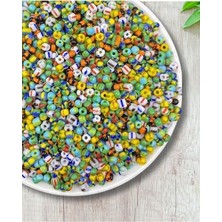 Market Çizgili Kum Boncuk, 50GR Karışık Renkli Çizgili Model Cam Kum Boncuk, Takı Boncuğu (50GR,~600 Adet)