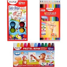 3'lü Boyama Seti, Kuru Boya + Sulu Boya + Pastel Boya, 12'li, Renkli