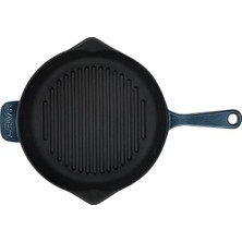 Premium Serisi - Döküm Izgara Tavası, Yuvarlak, 28 Cm, Yekpare Saplı, Emaye, Majolik Gri