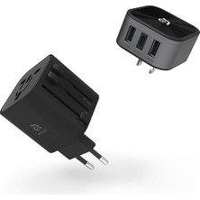 Dünya Priz Adaptörü, Seyahat Adaptörü, Universal Priz Dönüştürücü, 150+ Ülke Uyumlu, Usb-C ve 2 Usb-A Çoklu Şarj, Us Uk Eu Au, Siyah