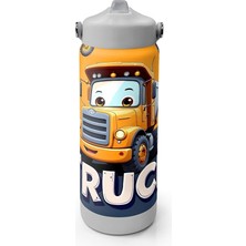High 650 ml Erkek Çocuk Turuncu Kamyon Desenli Çelik Suluk/matara (Pipetli) 38343