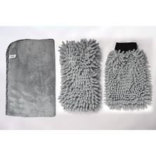 3'lü Set Mikrofiber Peluş Oto Kurulama Bezi & Yıkama Süngeri & Temizlik Eldiveni