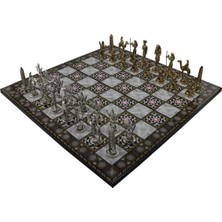 Merfi Store Metal Mısır Satranç Takımı Parlak ve Katlanır Sedef Desenli Mdf Ahşap Satranç Tahtası (43X43 Cm.)