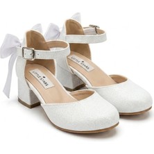 NeSe Shoes Kız Çocuk Topuklu Ayakkabı, Simli ve Fiyonklu Abiye Ayakkabı, Yeni Sezon, Pırıltılı — Beyaz Sade