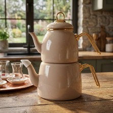 Merfi Store Içten Kaplamalı Emaye Çaydanlık Takımı - Gold Detaylı Nostaljik Alt Üst Çay Seti (1.2 Litre + 2 Litre) - 3 Renk Seçeneği (Bej)