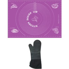 Merfi Store 2'li Set Mor 45X65 cm Silikon Hamur Açma Matı ve Gri Yanmaz Mutfak Fırın Eldiveni
