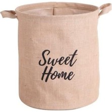 "sweet Home" Yuvarlak Jüt Düzenleyici Sepet (Çap 32CM, Yükseklik 36CM) – Krem Renk Katlanabilir Kumaş Kulplu Organizer | Büyük Boy, Çamaşır, Battaniye ve Ev Tekstili Sepeti